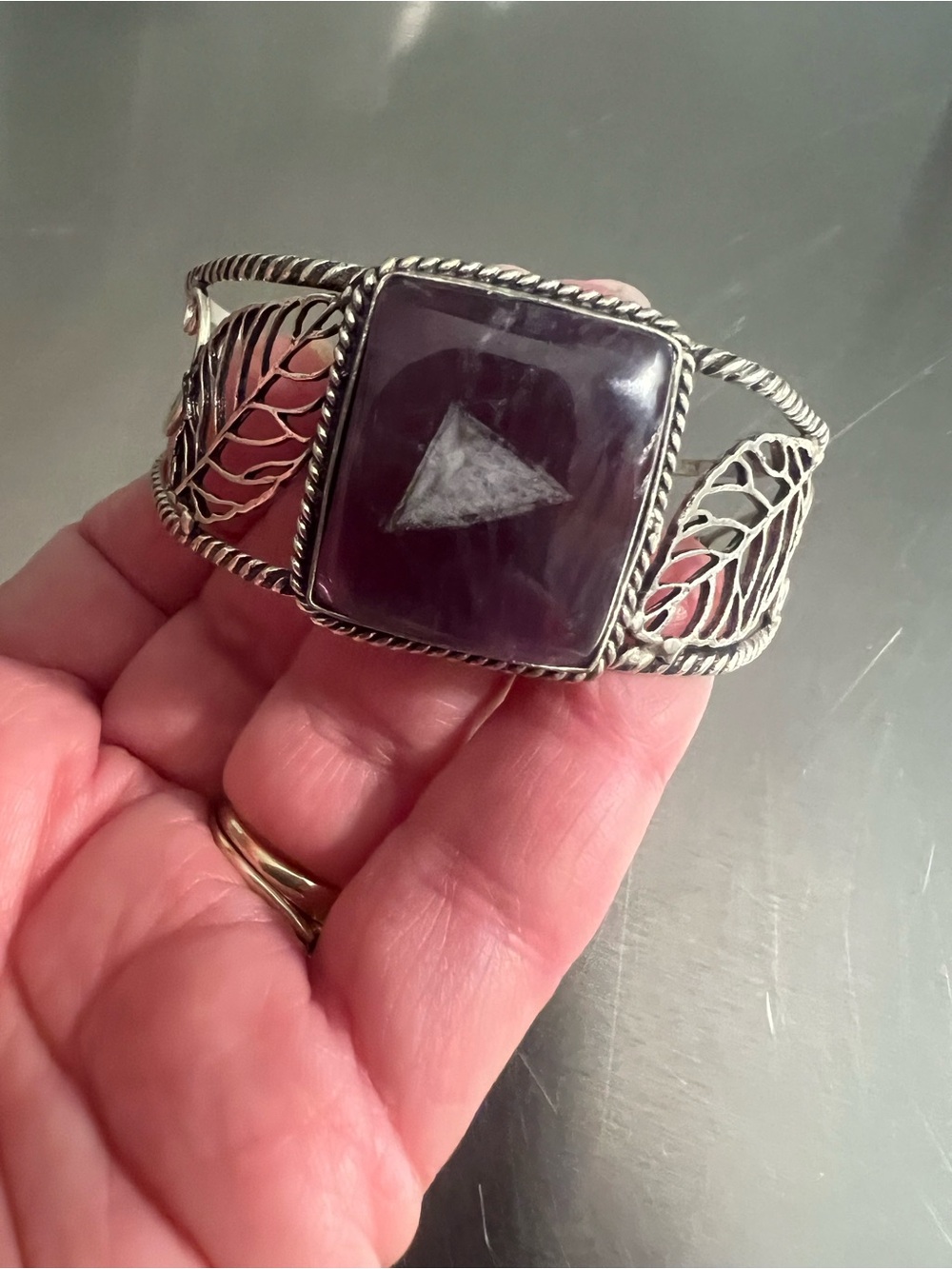 Silver Leaf Filigree Cuff Bracelet with Deep Purple Stone
